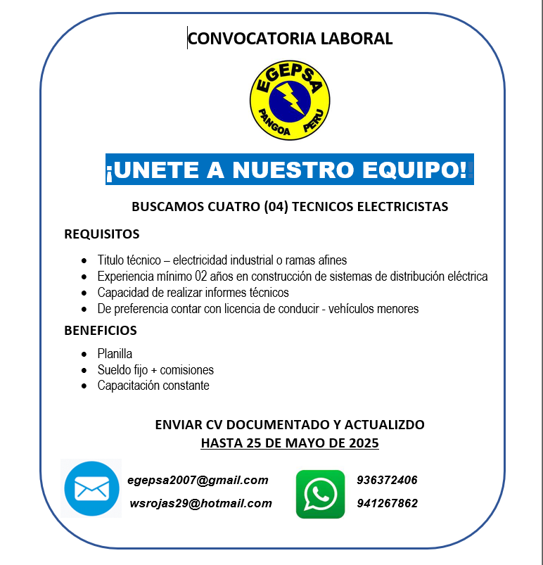 Convocatoria laboral – 15 de mayo de 2025